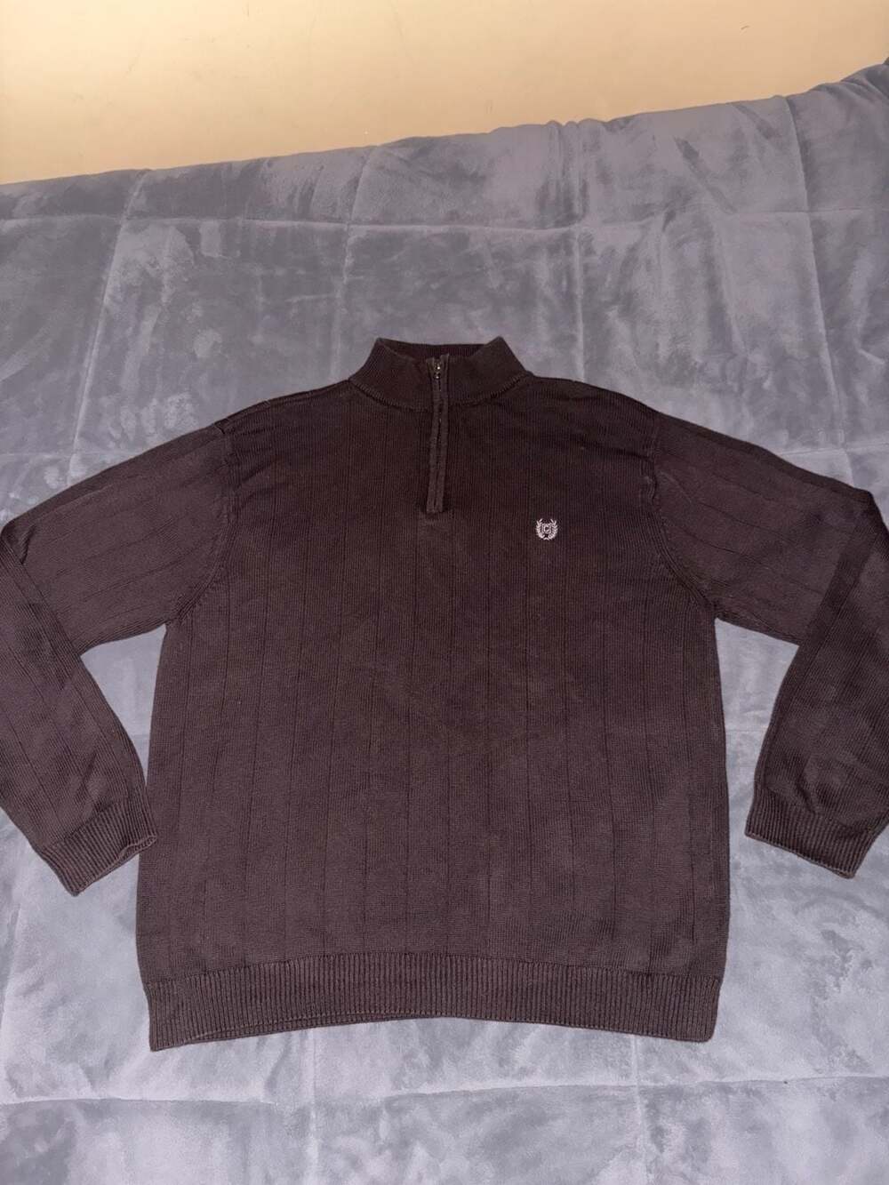 Chaps 1/4 Zip Ribbed Sweater Size L Brown Cotton Mock Neck